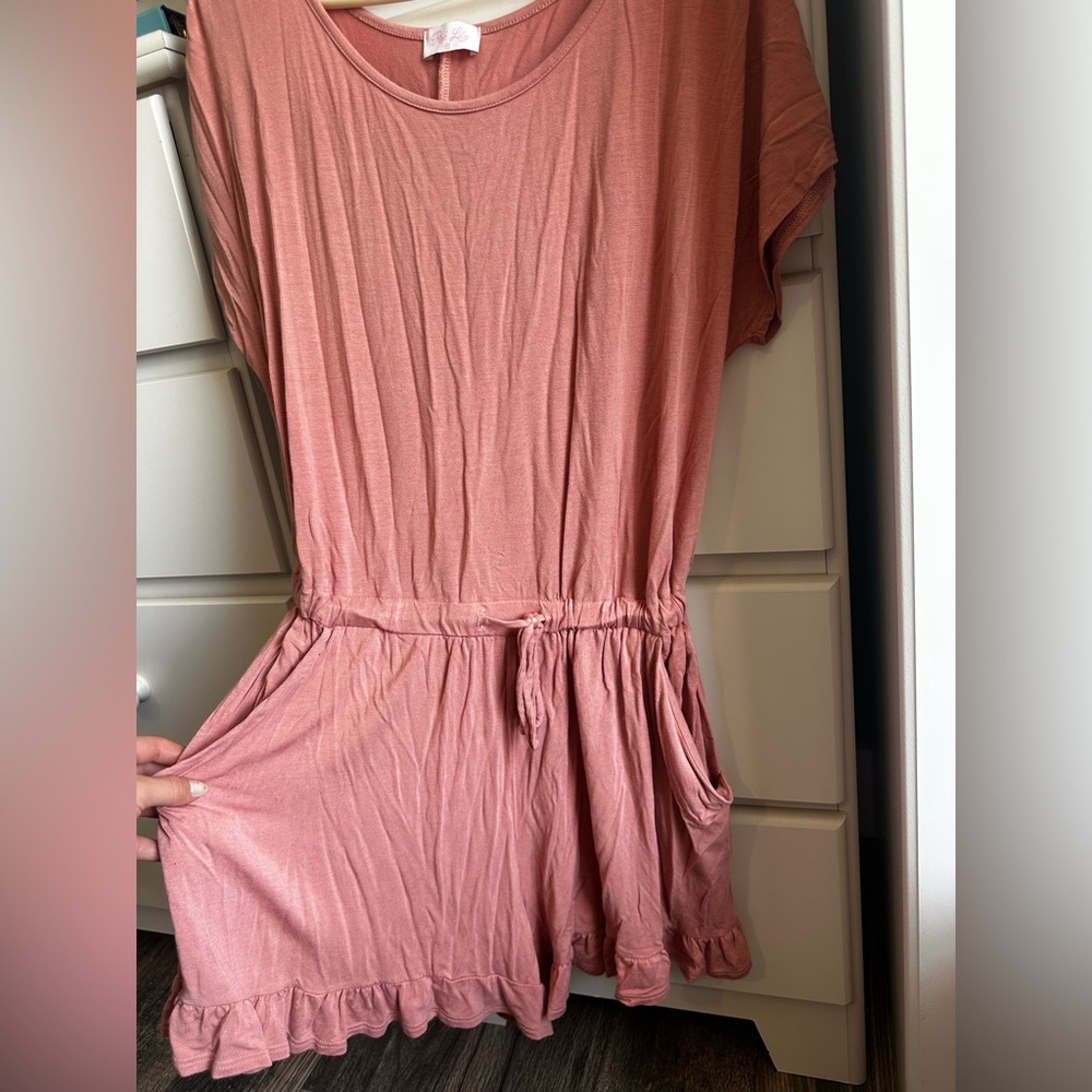 Women's Pink t-shirt romper with drawstring waist, pockets, ruffle shorts